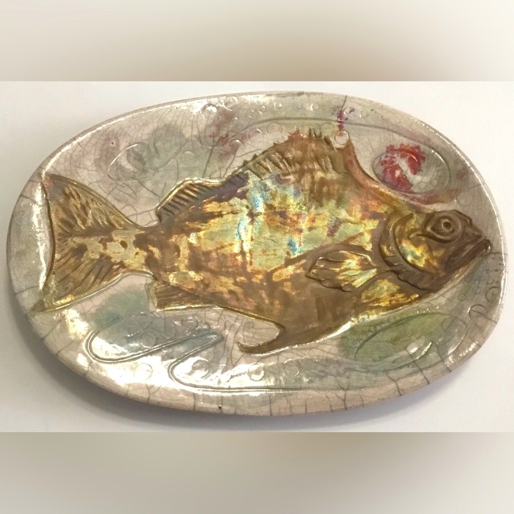 Handmade Raku pottery decorative fish platter